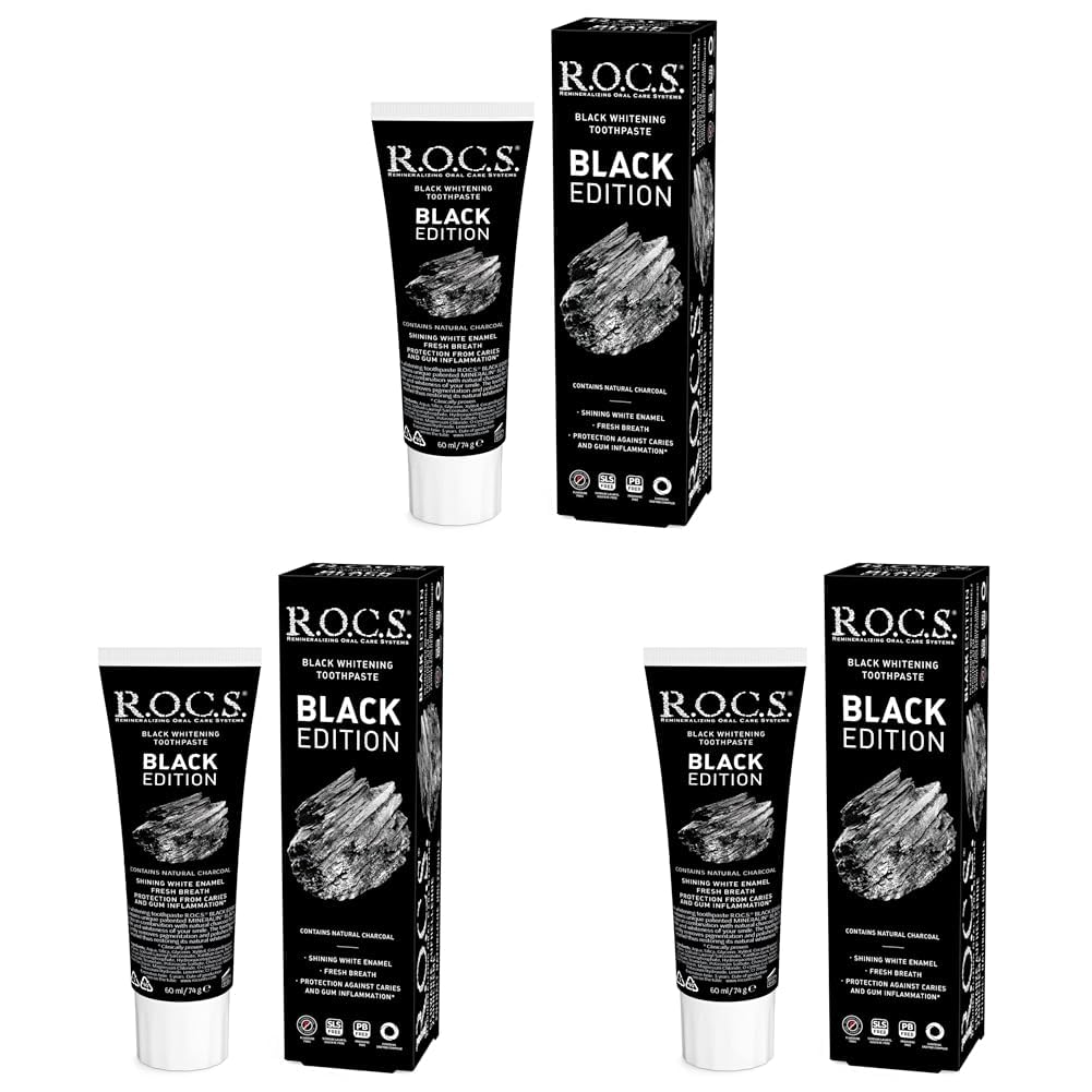 R.O.C.S. Black Edition Kömür Özlü Beyazlatıcı Diş Macunu (1 x 74 g) (3 paketi)