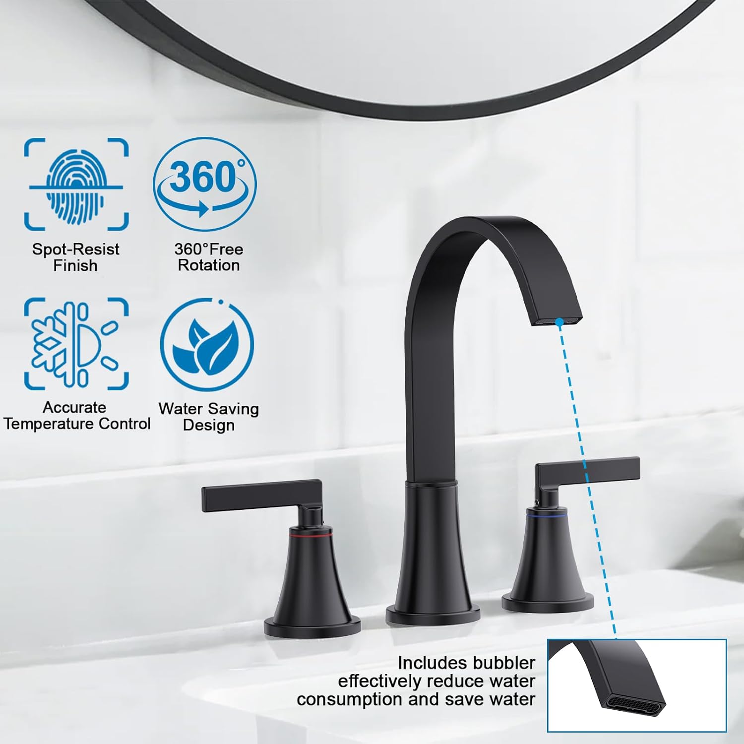 HURRAN 8 Inch Bathroom Sink Faucet, 3 Hole Widespread Bathroom Faucets with Pop Up Drain, Bar Faucet with Cache Aerator, Matte Black