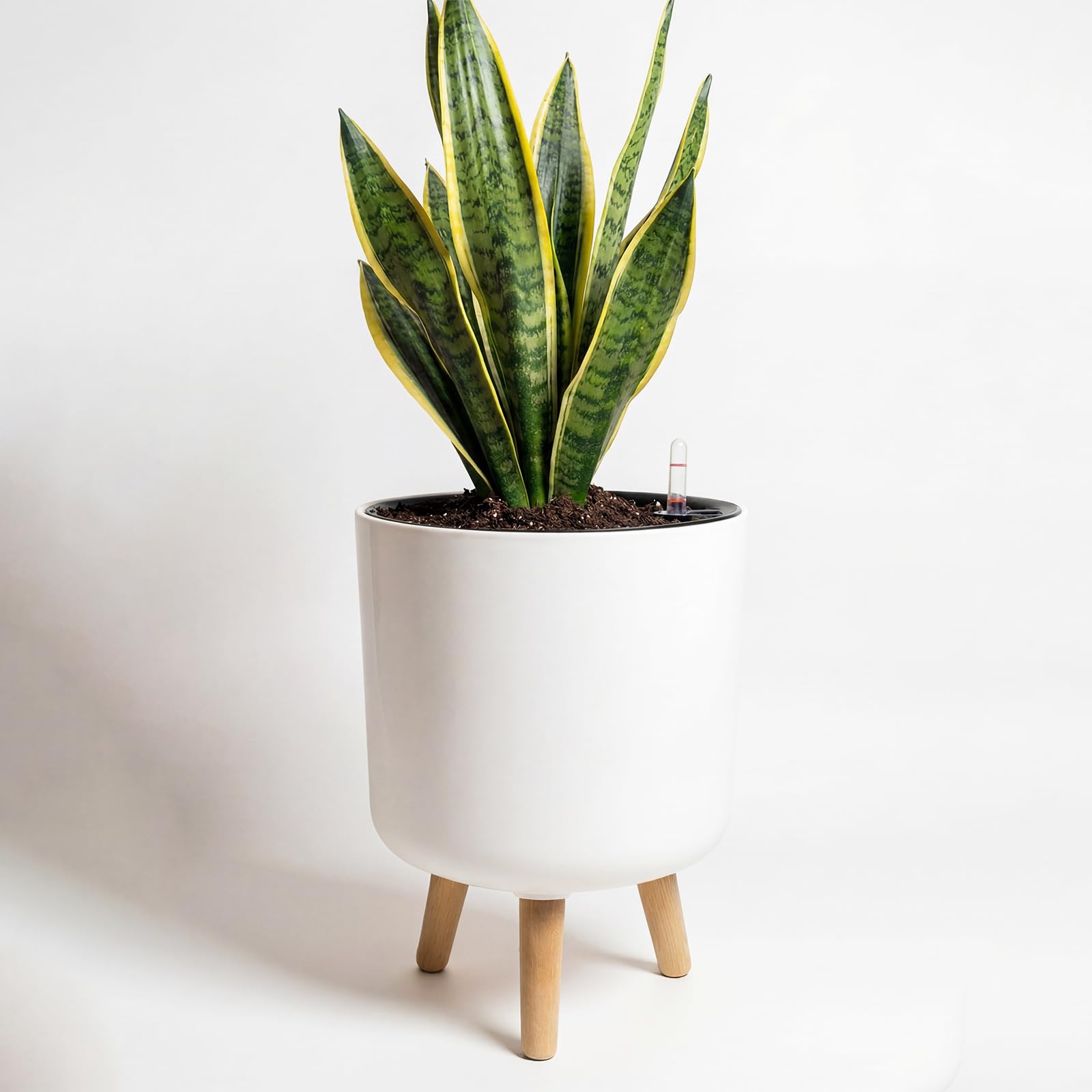 Bamworld Plant Pots Indoor with Plant Stand 9.6 Inch Self Watering Planter with Removable Wooden Legs and Water Level Indicator Modern Flower Pot with Breathable Inner Pot
