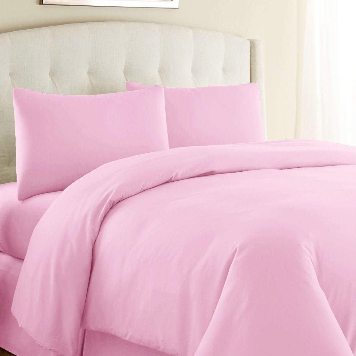 Looms & Leaves Pink 100% Percale Poly Cotton Rich Duvet Quilt Cover Bedding Set Soft Feel (, Double)