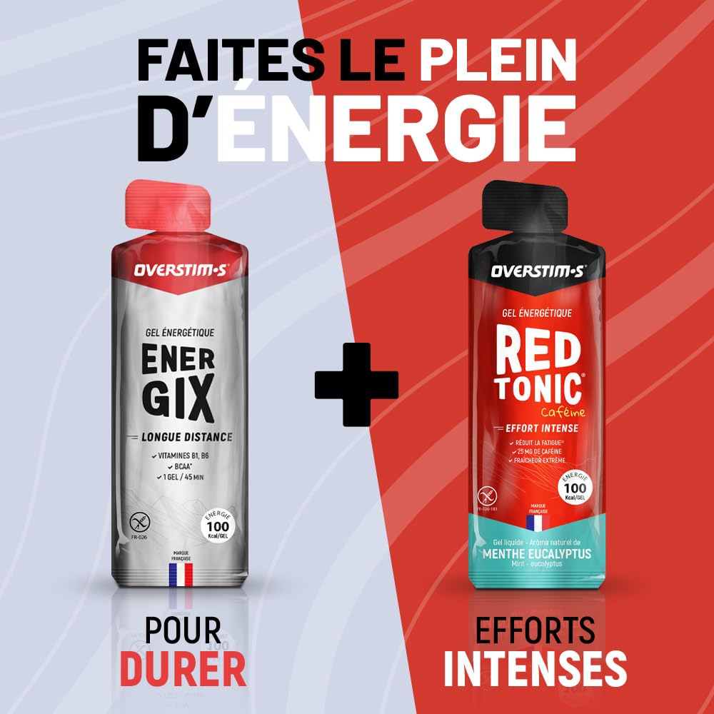 Overstim.s - Gel Red Tonic (10 sachets) - Gel énergétique pour le sport (vélo, course à pied...) - Energie instantanée - Caféine - Réduction de la fatigue - 100 kcal/gel - Saveur Menthe Eucalyptus