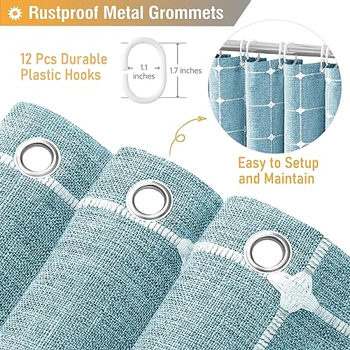 Image of BTTN Boho Farmhouse Shower Curtain - Linen Rustic Heavy Duty Fabric Shower Curtain Set with Tassel, Water Repellent, Bohemian Vintage Country Cloth Shower Curtains for Bathroom, Teal /Turquoise, 72x72
