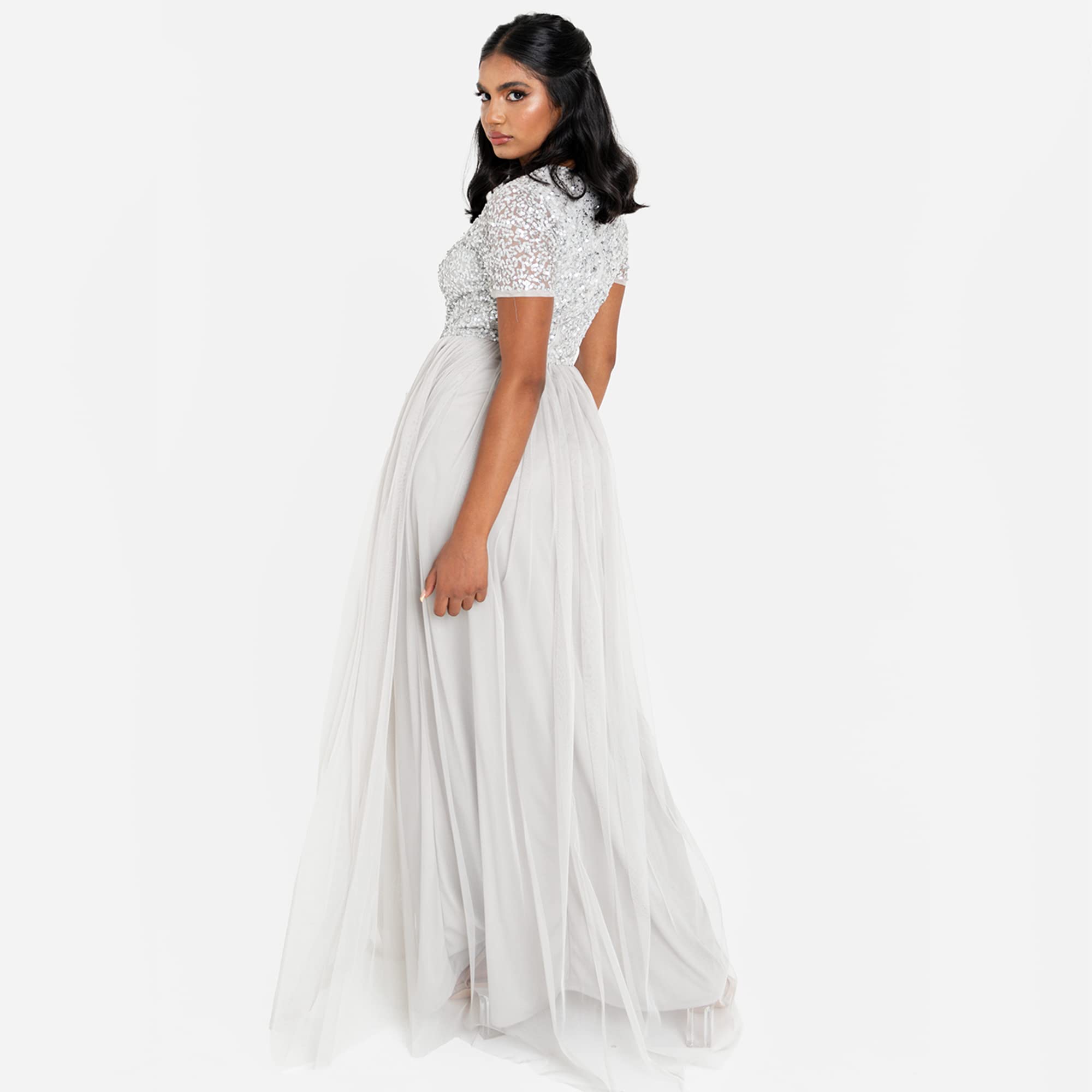 Maya Deluxe Abendkleid mit Pailletten Cocktailkleid Damen mit V-Ausschnitt Tüllkleid Grau Größe 36 – Bild 6