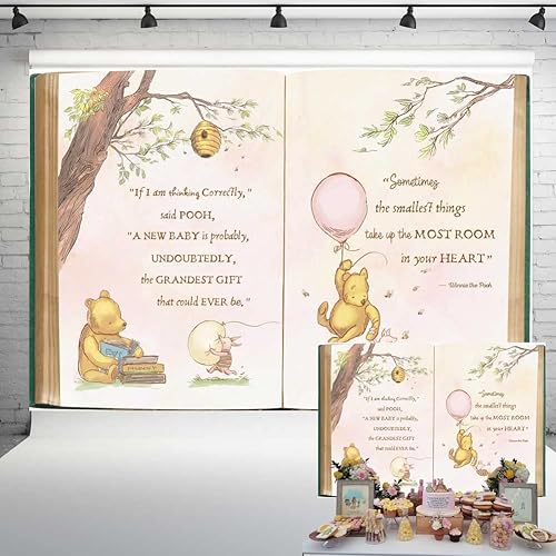 Telón de fondo vintage para baby shower de oso Pooh para niña libro gigante retro árbol de primavera fondo clásico cita para recién nacido pancarta