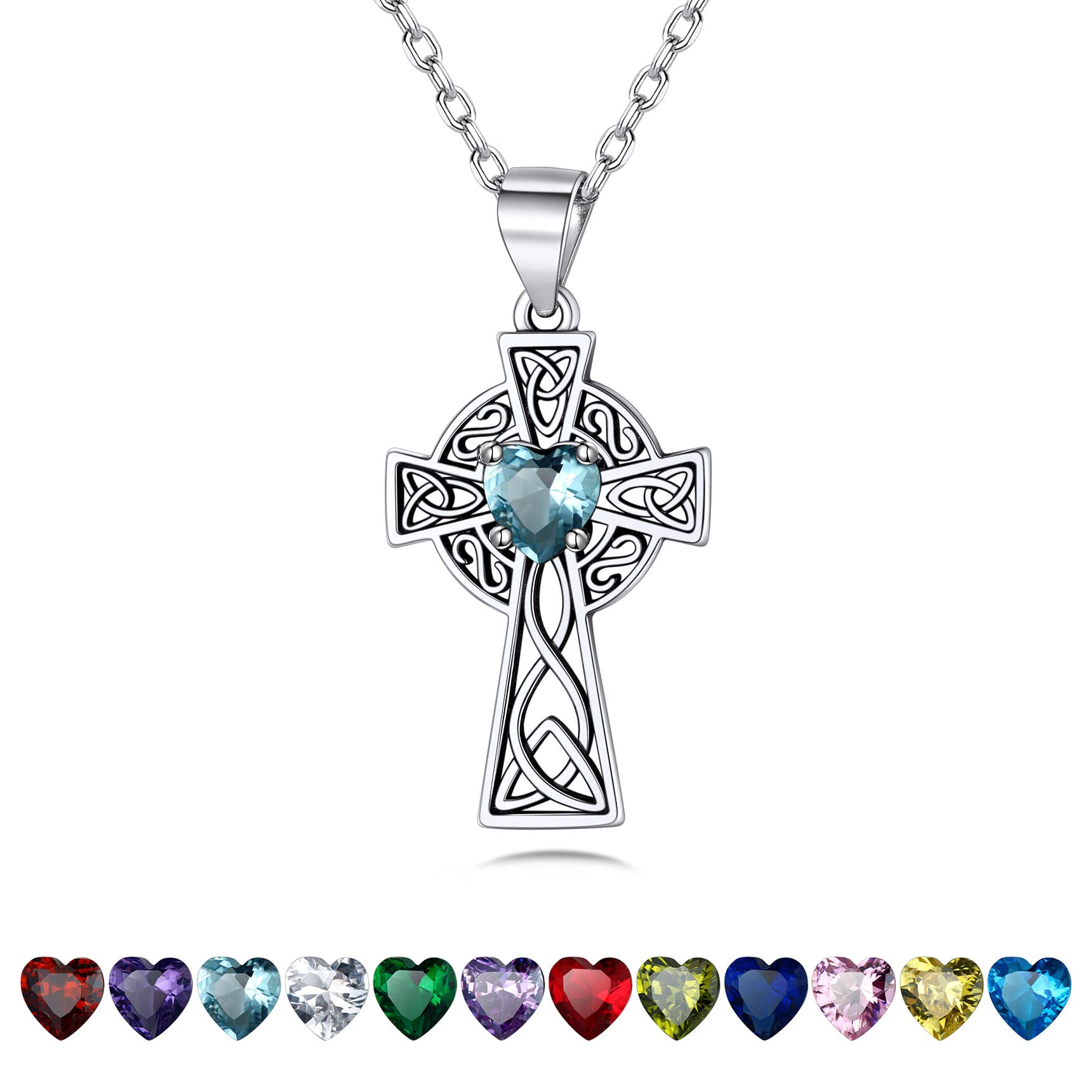 BestyleSilver Celtic Cross Necklace with 12 Month Heart Birthstone, Dainty Celtic Birthstone Necklace Silver Chain for Women Faith Irish Amulet Lucky Birthstone Jewelry