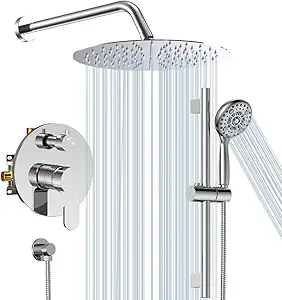 SR SUN RISE 12 Inch Shower System, Slide Bar Shower Faucets Sets Complete Round Shower Heads and 6-Spray Handheld Combo, Wall Mounted Dual Shower Set Included Valve and Trim Kit, Polished Chrome