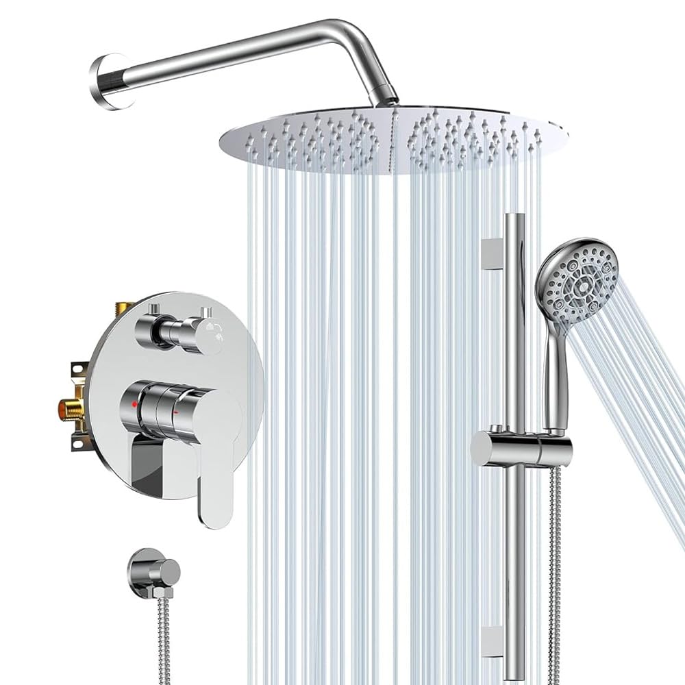 SR SUN RISE 12 Inch Shower System, Slide Bar Shower Faucets Sets Complete Round Shower Heads and 6-Spray Handheld Combo, Wall Mounted Dual Shower Set Included Valve and Trim Kit, Polished ChromeWaterSense