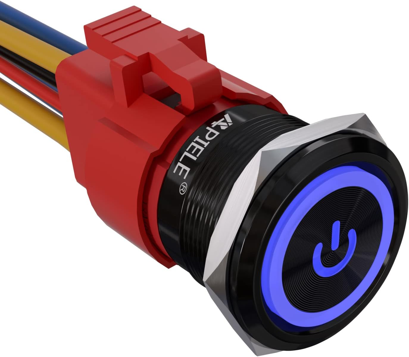 APIELE 22mm Latching Push Button Switch 12V 10A Power Symbol Ring Led Car Metal with Socket Plug 1NO1NC DPST ON/Off 0.87" 1 Pack (Black Shell, Blue)