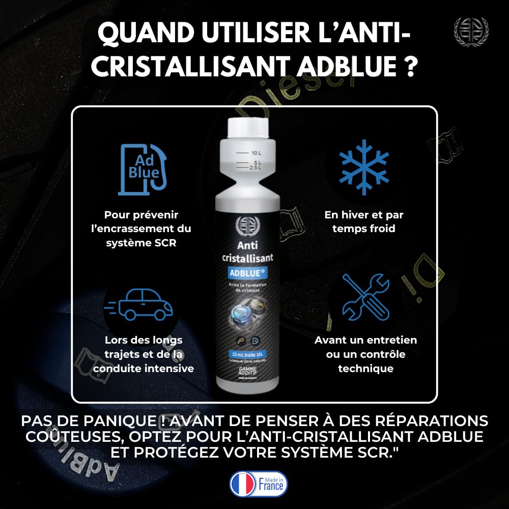 Anti-Cristallisant AdBlue Additif 250mL – Prévention Cristallisation, Protection SCR, 1 Flacon Traite 100L, Anti-Cristaux, Anti-Panne, Nettoie Injecteur – Compatible Voiture, Camion
