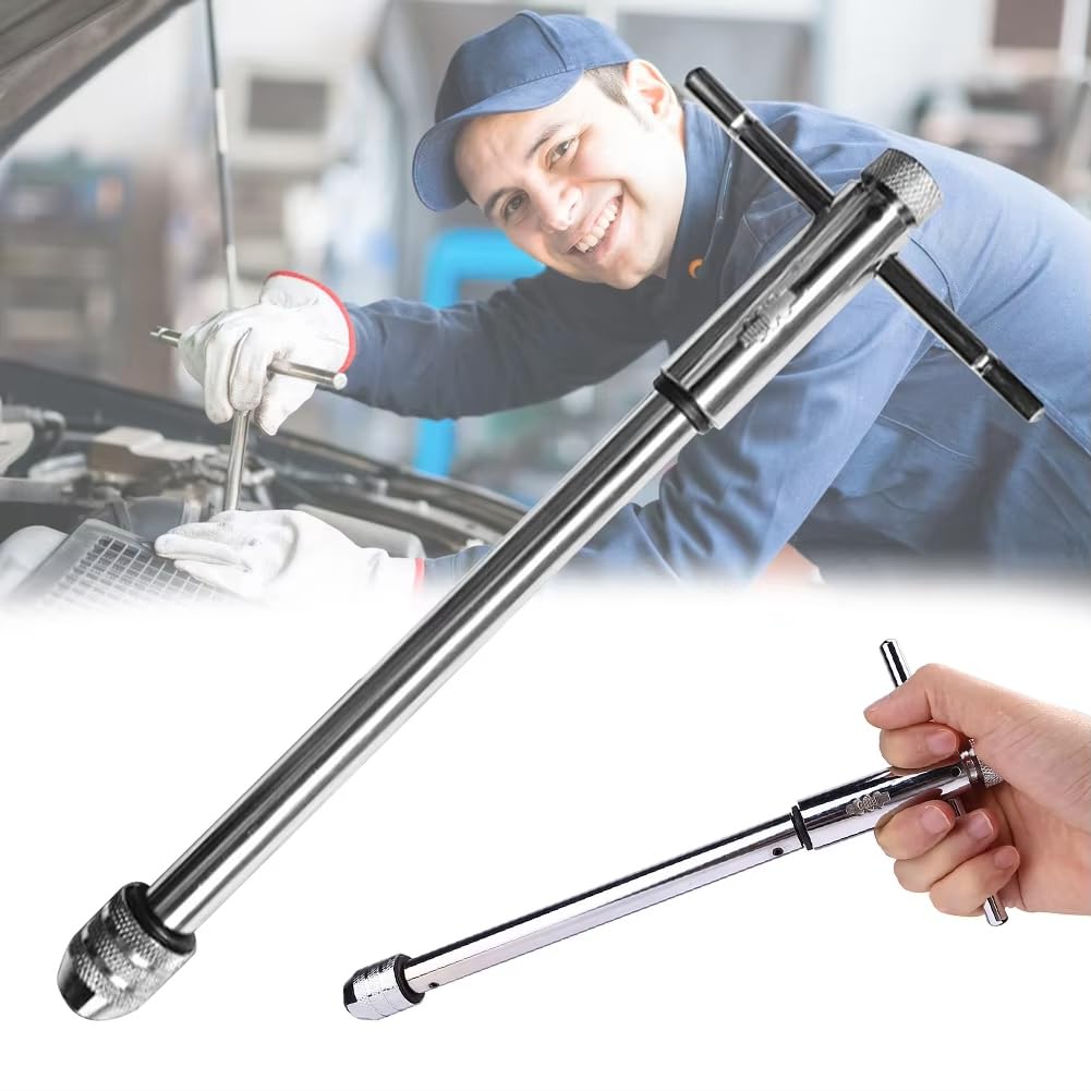 Llave de Macho de Roscar con Trinquete y en T Ajustable, Soporte Manual, Llave de Escariador, Macho de Roscar en Forma de T Métrico, M3-M8, M5-, Roscado Manual
