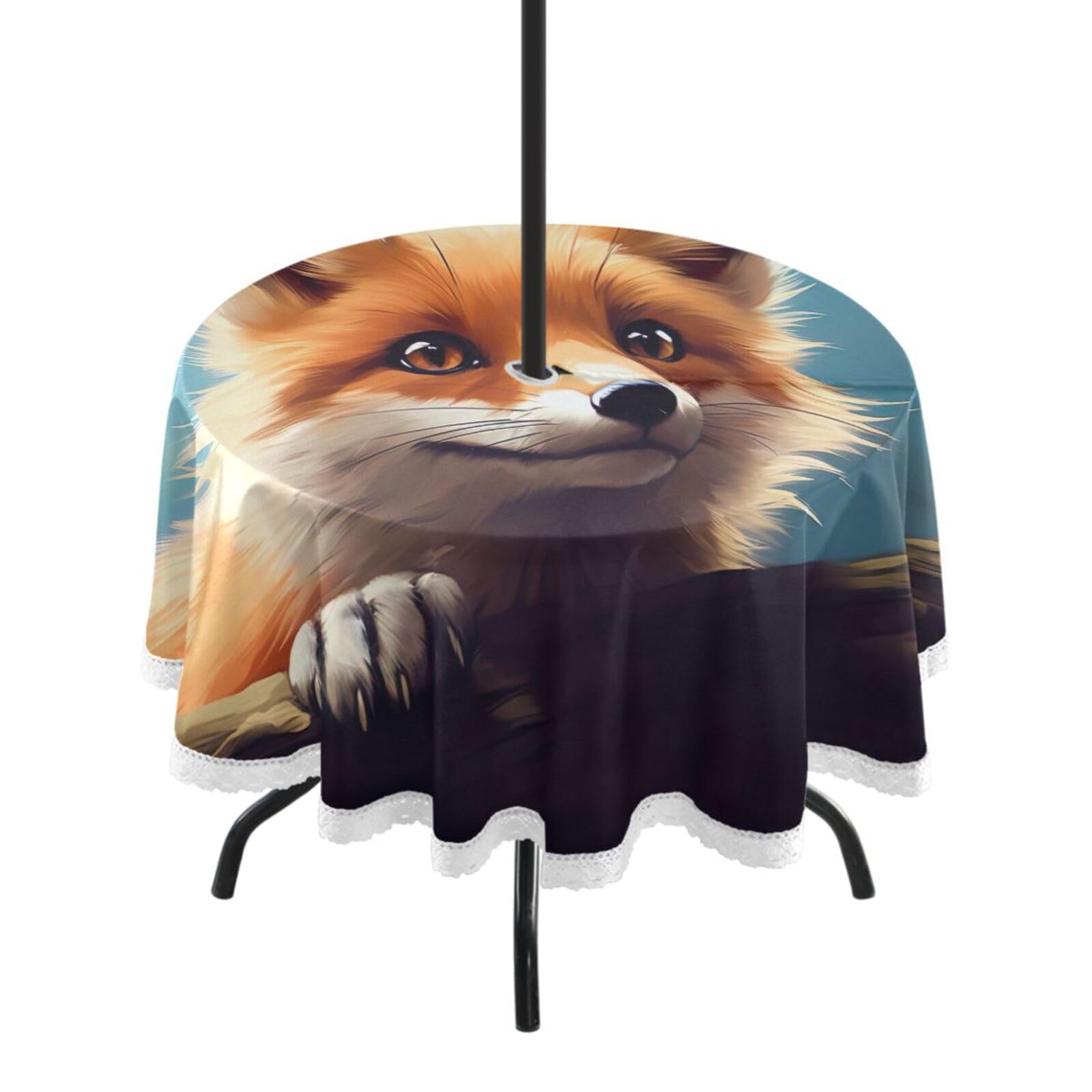 Wajiw 60 Inch Indoor Outdoor Round Tablecloth with Umbrella Hole and Zipper Waterproof Patio Table Cover for Camping Dining Room Party Outdoor Picnic,Fox