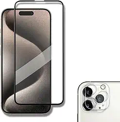 Película De Vidro 3D Tela Toda Para iPhone + Película Lente de Câmera (iPhone 15 Pro)