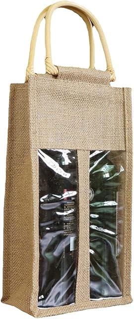PFativant Jute Bottle Bag Burlap Wine Tote Bags Gift Packaging Champagne Handbag Non Woven Linen Handles Ropes Clear Window DIY Wine Bottles Gift Party Wedding Valentine 10x17x33CM,Yellow (605371)