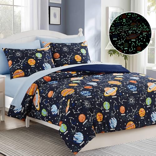 Full Size Comforter Set for Boys-7 Pieces Space Glow in The Dark Full Bedding Sets for Kids, Ultra Soft Bed in A Bag with Sheets