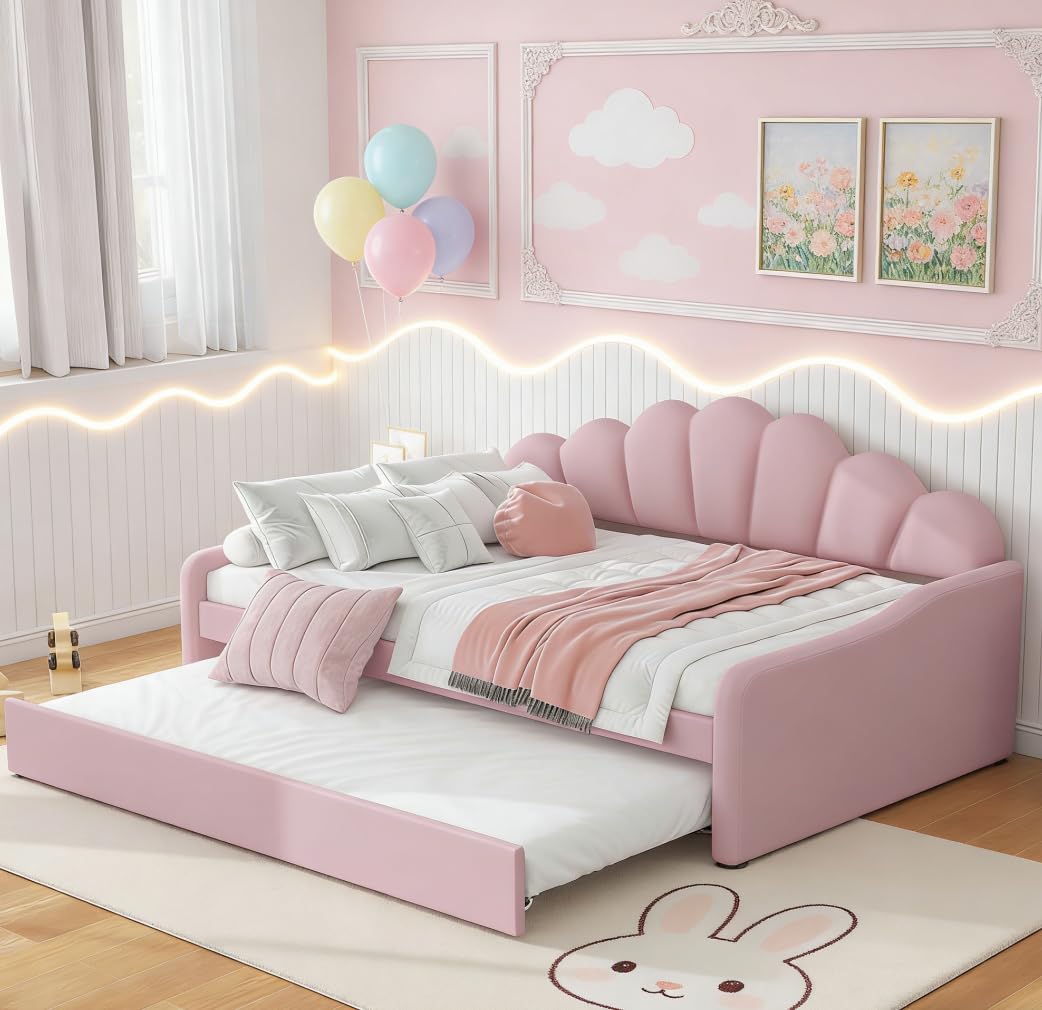 Bellemave Full daybed with Twin Trundle, Sofa Bed Full Size, daybed with Trundle for Adults, Kids, Girls, Teens, Trundle Beds for Living Room, Velvet,