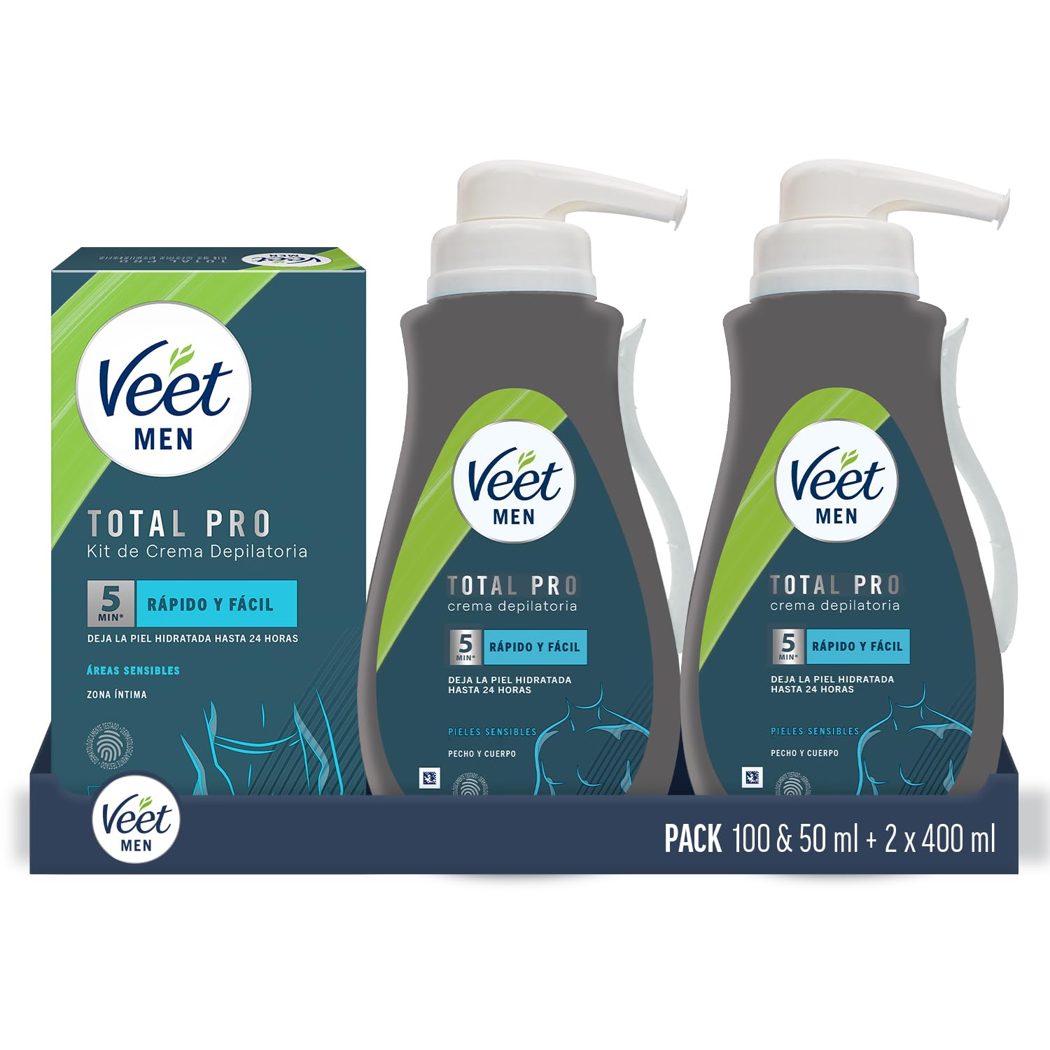 Veet Men Kit de Depilación para Zonas Íntimas del Cuerpo, 100 ml + 50 ml, + Veet Men Crema Depilatoria Corporal para Hombre, 2x400ml