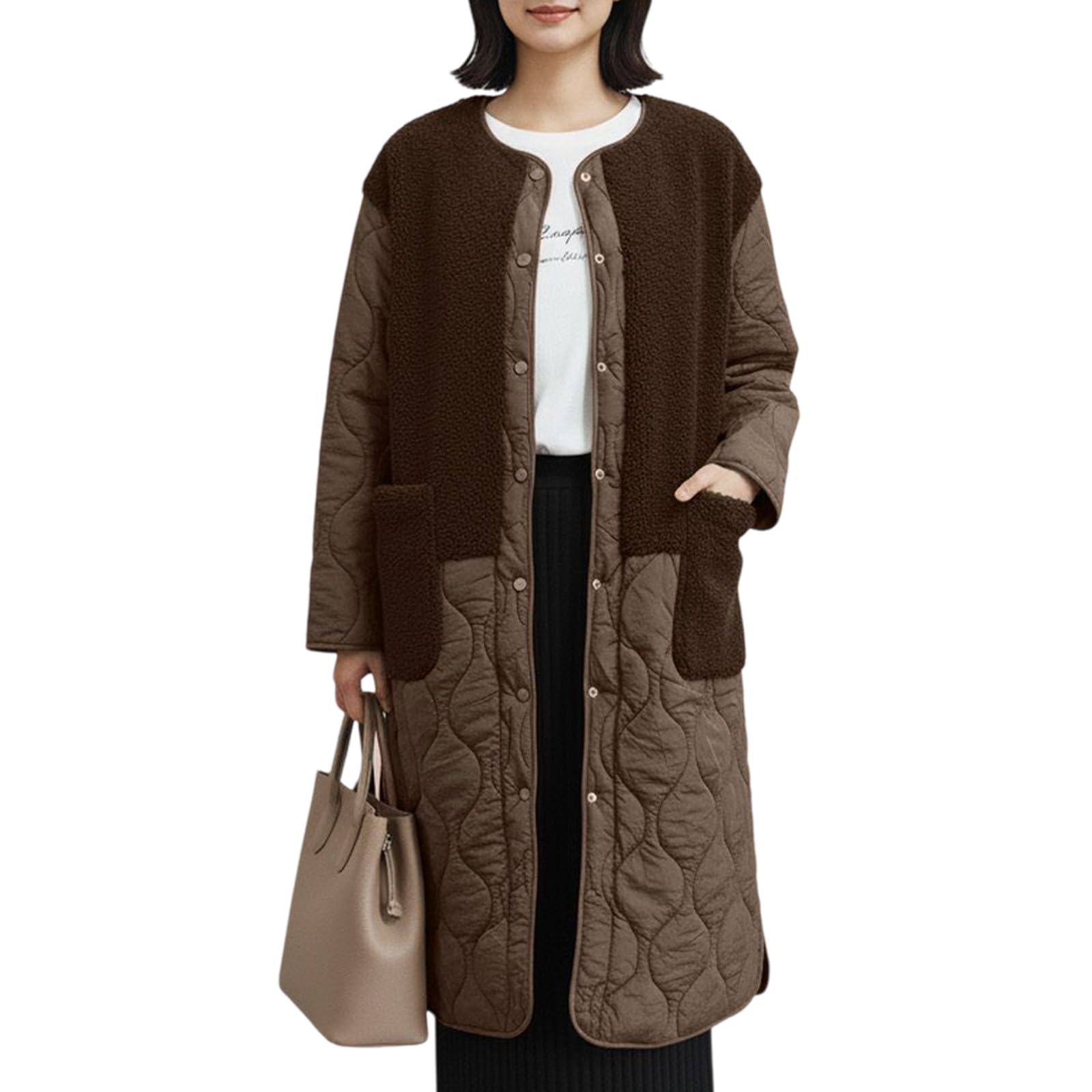 z8two Women's Quilted Coat, Stylish, Coat, Outerwear, Switchable, Docking Different Material, Knee Length, Warm, Cold Protection, Temperament, Simple, Loose, Body Cover, Thick, Casual, Winter Clothes-picture-55