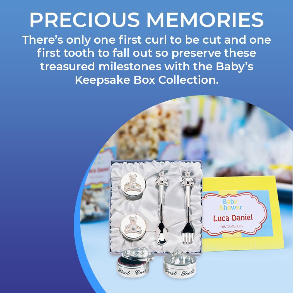 Baby’s First Curl and First Tooth Keepsake Box Collection | Adorable Teddy Bear Designs | Charming Gift | Satin-Lined White Gift Box | 6” Square