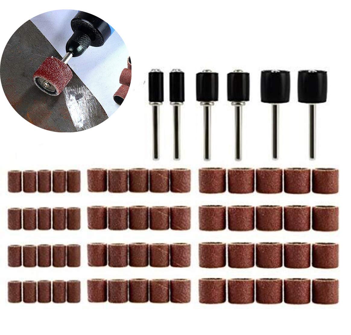 66 Pcs Sanding Drum Set, 60 Pcs 120 Grit Sanding Band Sleeves 1/4 3/8 1/2 inch with 6 Pcs Drum Mandrels for Dremel Rotary Tool