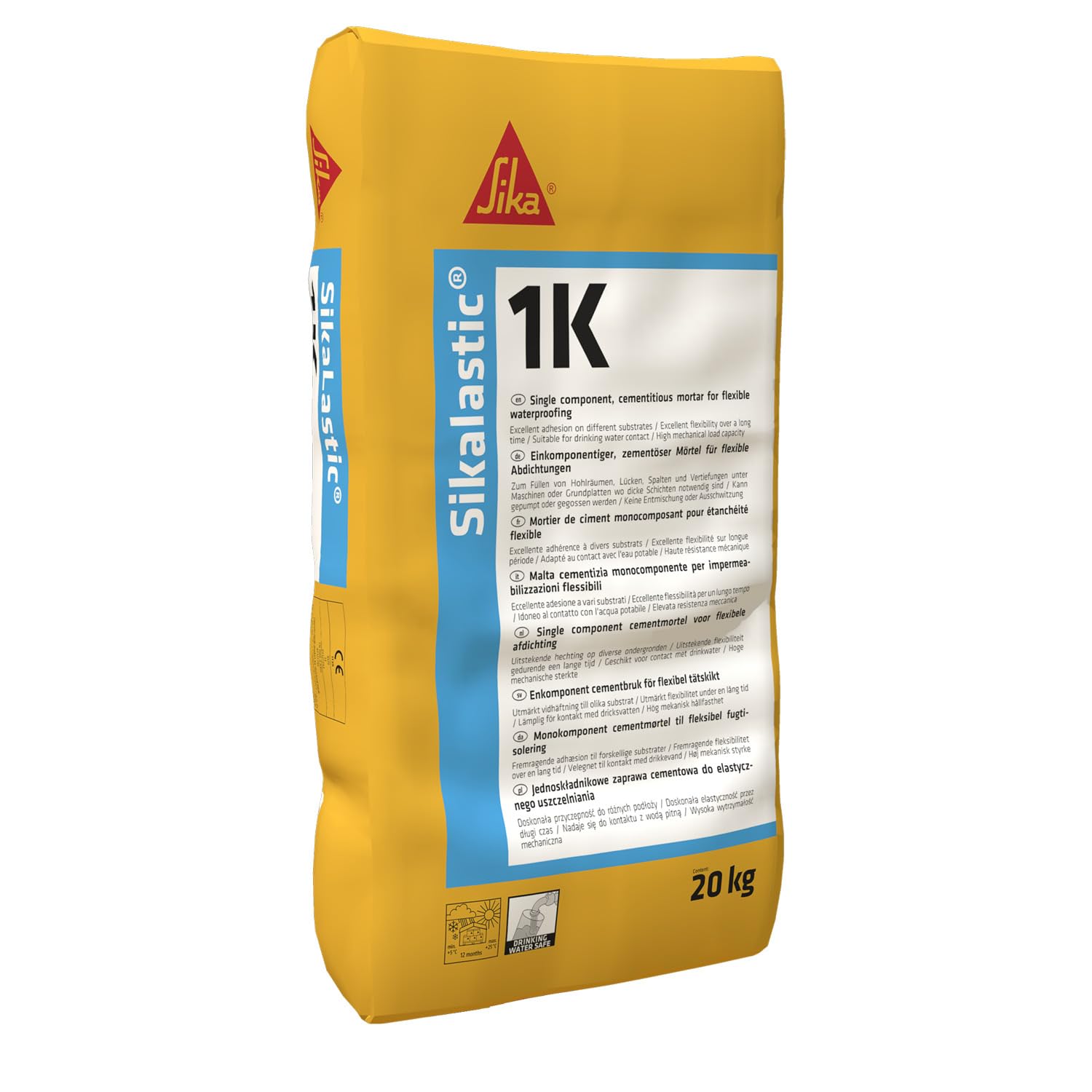 SIKA - Mortero reforzado - Sikalastic 1K blanco - Impermeabilización y protección del hormigón - Baños, duchas y piscinas - Puentea fisuras - 20 kg