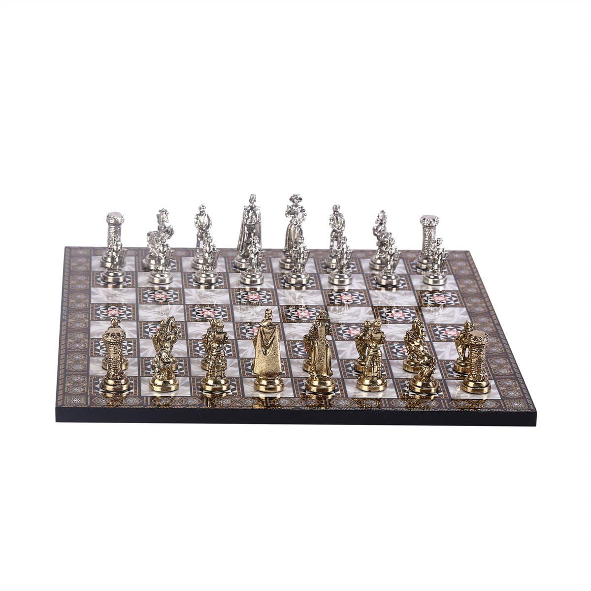 GiftHome Metal İngiliz Satranç Takımı Orta Boy Parlak ve Sedef Tahtası