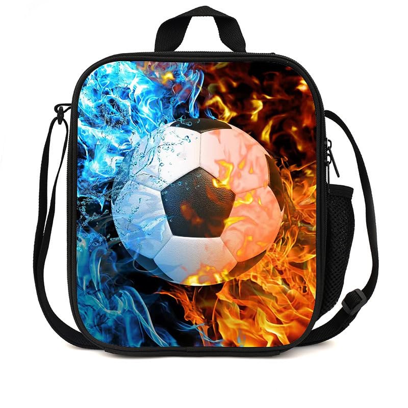 Rppiup Football Lunch Box, Insulated Lunch Bag for Kids Boys Girls with Water Bottle Holder, Washable Reusable Tote or Crossbody 3D Football Lunchbox, for School Hiking Picnic Travel Camp(Blue & red)