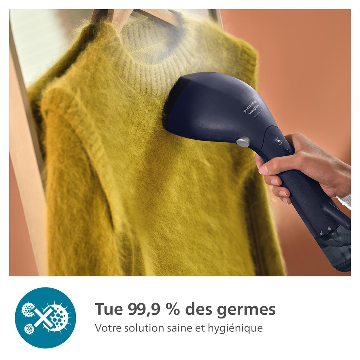 Philips Défroisseur à Main Série 7000 - Steamer 1500W, Vapeur 28g/min, Technologie OptimalTemp, Semelle Métal, Réservoir 100 ml, prêt en 30 sec, Pochette & gant, Léger 865g, Deep Azur (STH7020/20)