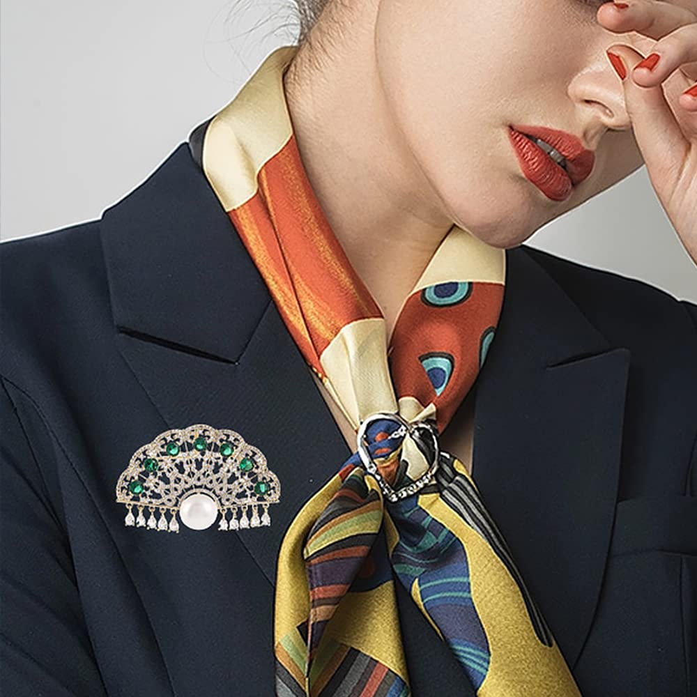 Broches para Mujer, Estilo clásico de Abanico, con circonita cúbica y Perla. Broche de Solapa de Seguridad.
