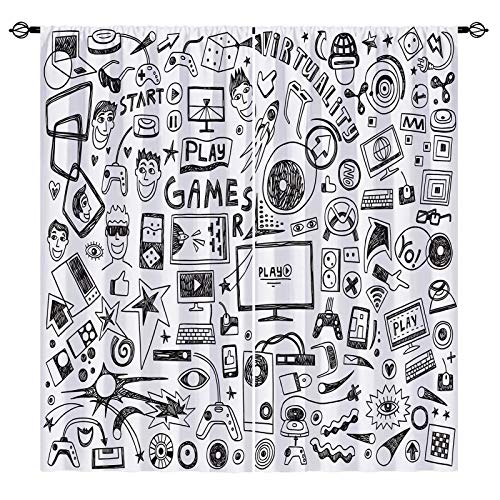 Anhope Boys Video Game Curtains Sketch Art Theme Window Drapes With Computer Gamepad Sports Rocket Teen 90'S Print Pattern Rod Pocket Curtains For Kids Bedroom Living Room, 2 Panels, 42 X 63 Inch #TOP21