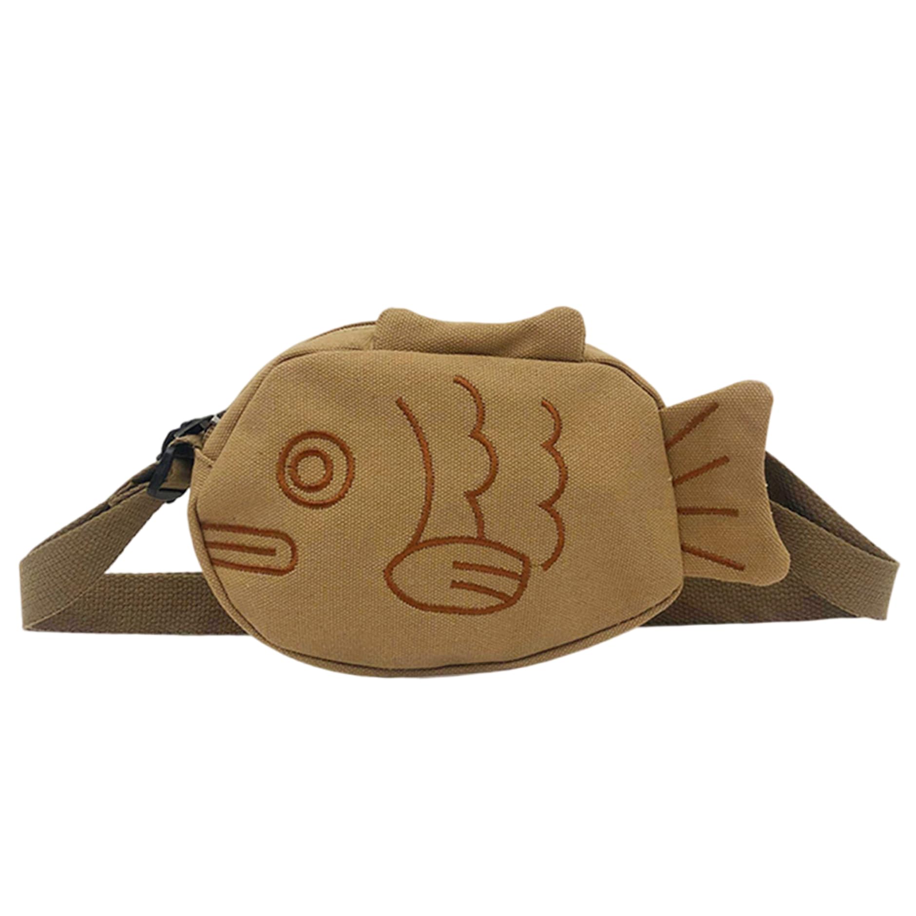 Peosaard Novelty Purse, Fish Shaped Bag, Kawaii Novelty Canvas Messenger Bag with Adjustable Strap & Zipper Fun Fish Purse for Women Girls, Pouch Brown
