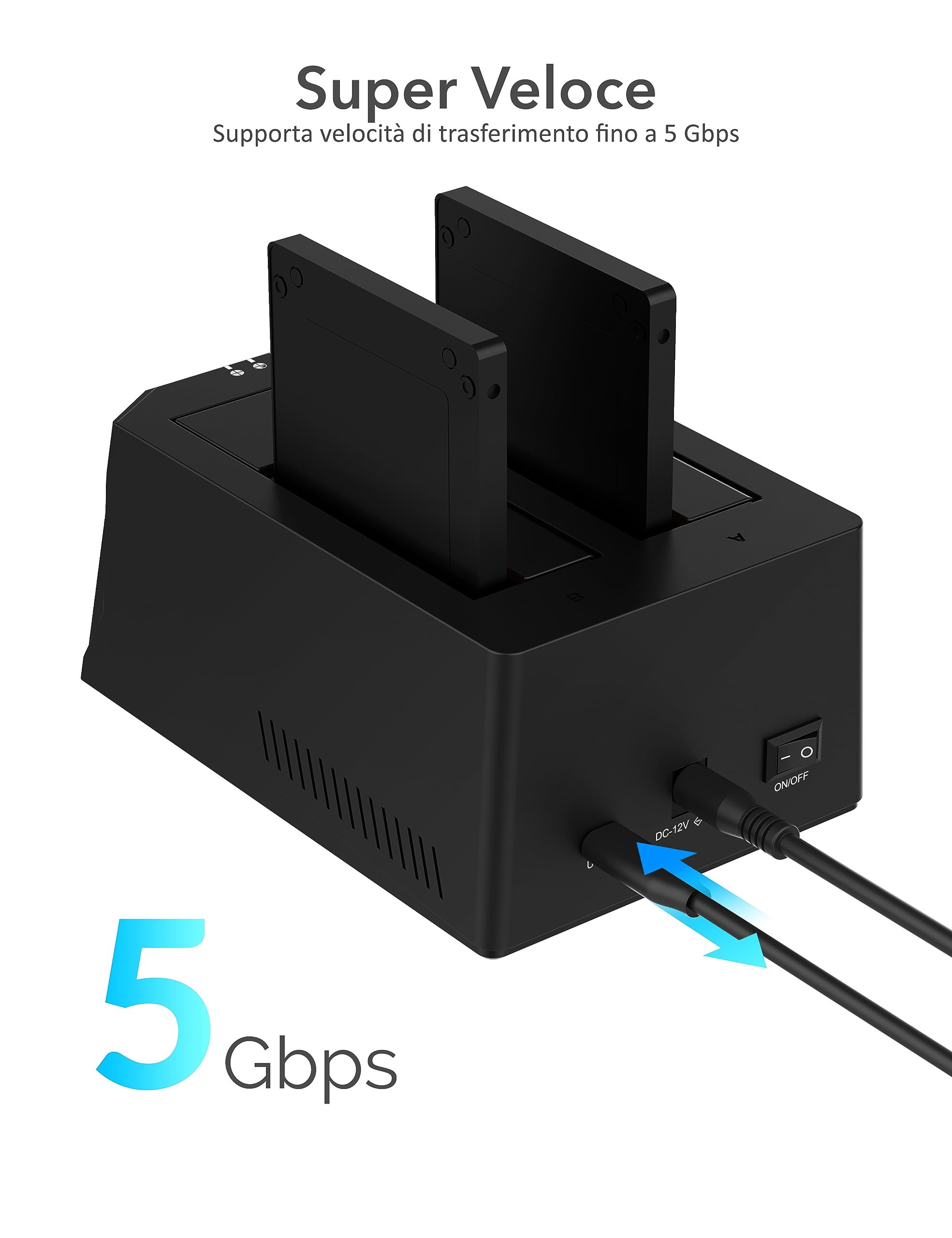 SABRENT Docking Station SSD/Hard Disk esterno/HDD 2.5/3.5 pollici, USB C, 2 slot per SSD/HDD, con alimentatore, per SSD SATA fino a 22TB, con funzione Duplicatore/Clonatore di Hard Disk (EC-CH2B)