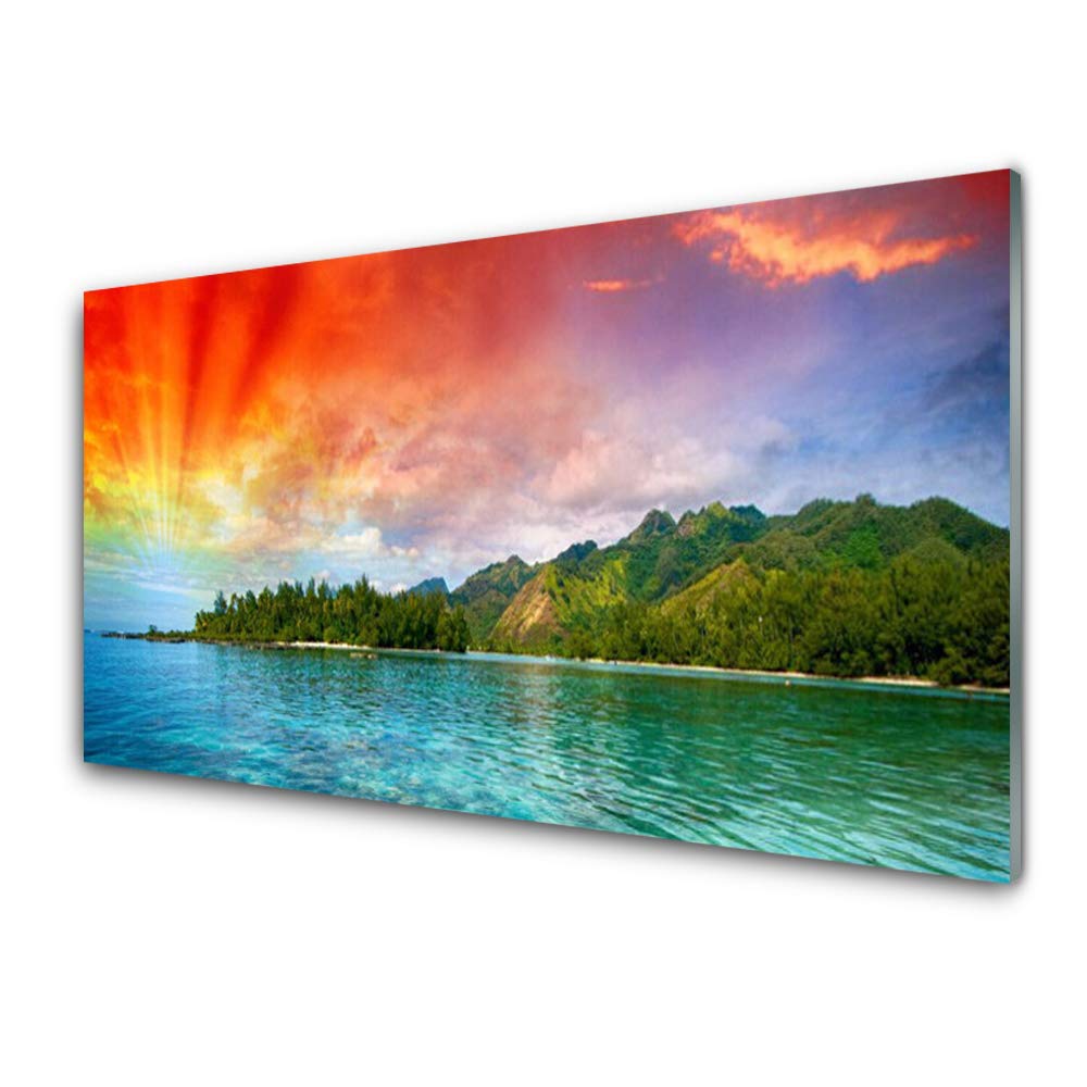Tableau deco mural moderne mer et foret en verre acrylique 125x50 cm pour salon