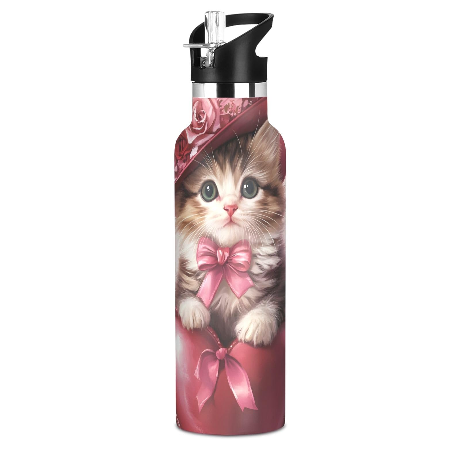 Boys and Girls 20oz Water Bottles with Straw Lid, BPA-Free, Pop-up Silicone Spout Water Bottle, Romantic Kitten Pink Hat Heart