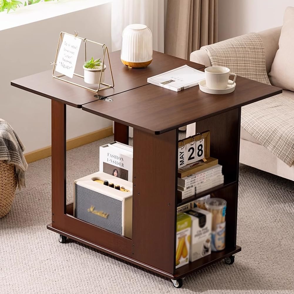 SXZenSpace Couch End Table with 360°Swivel Wheels, Foldable Small Side Tables Storage Shelf,Bamboo Folding Snack for Living Room,Bedroom,brown,B
