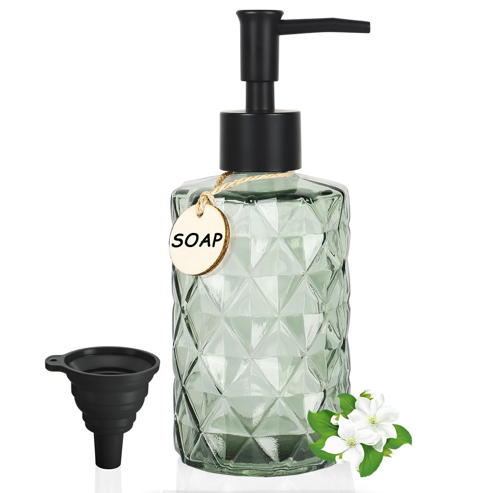 Dispensador de jabón de 330 ml, verde, dispensador de detergente para cocina, dispensador de jabón de mano para baño, dispensador de bomba con etiquetas de madera, embudo negro, bomba de plÔstico para