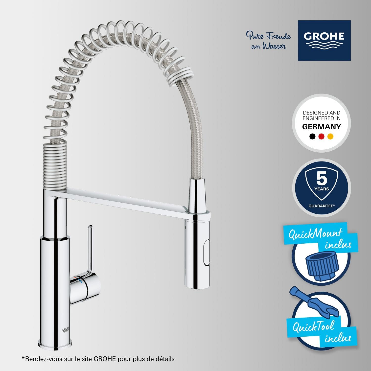 GROHE Mitigeur monocommande 2 jets Robinet évier de cuisine avec douchette extractible Chromé 30361000