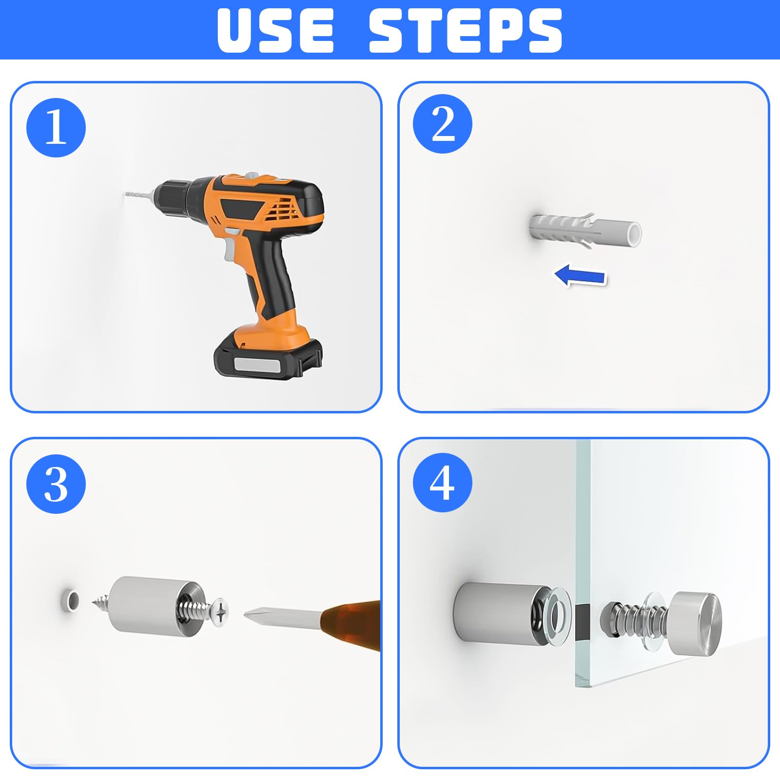 30 Distanziali Per Targhe In Acciaio Inox - 19x25 Mm, Con Viti E Guarnizioni Per Vetro E Specchi