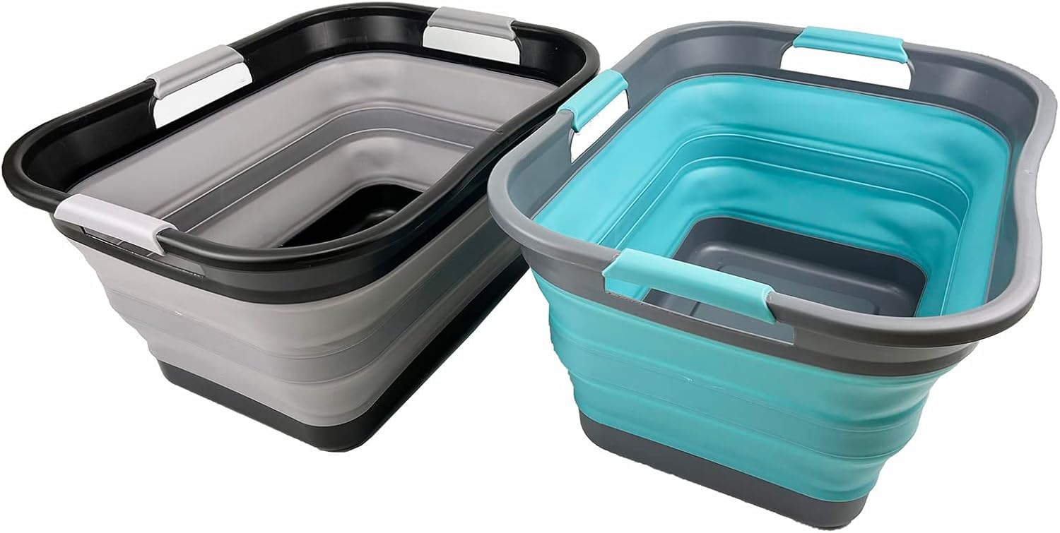 SAMMART 30L(8 gallon) Collapsible Plastic Laundry Basket-Foldable Pop Up Storage Container/Organizer-Portable Washing Tub-Water capacity: 24L(6.3 gallon) (Alloy Grey + Crystal Blue)