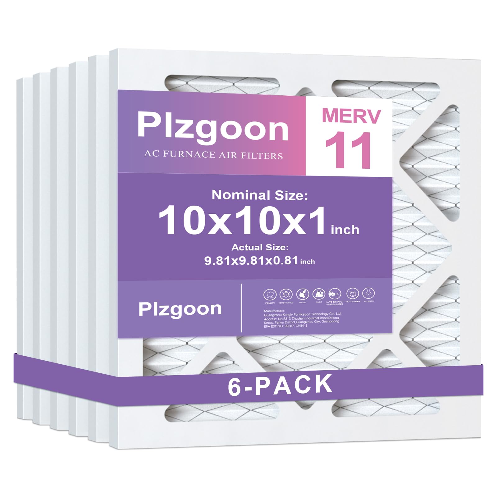 Plzgoon 10x10x1 Air Filter MERV 11, 6-Pack