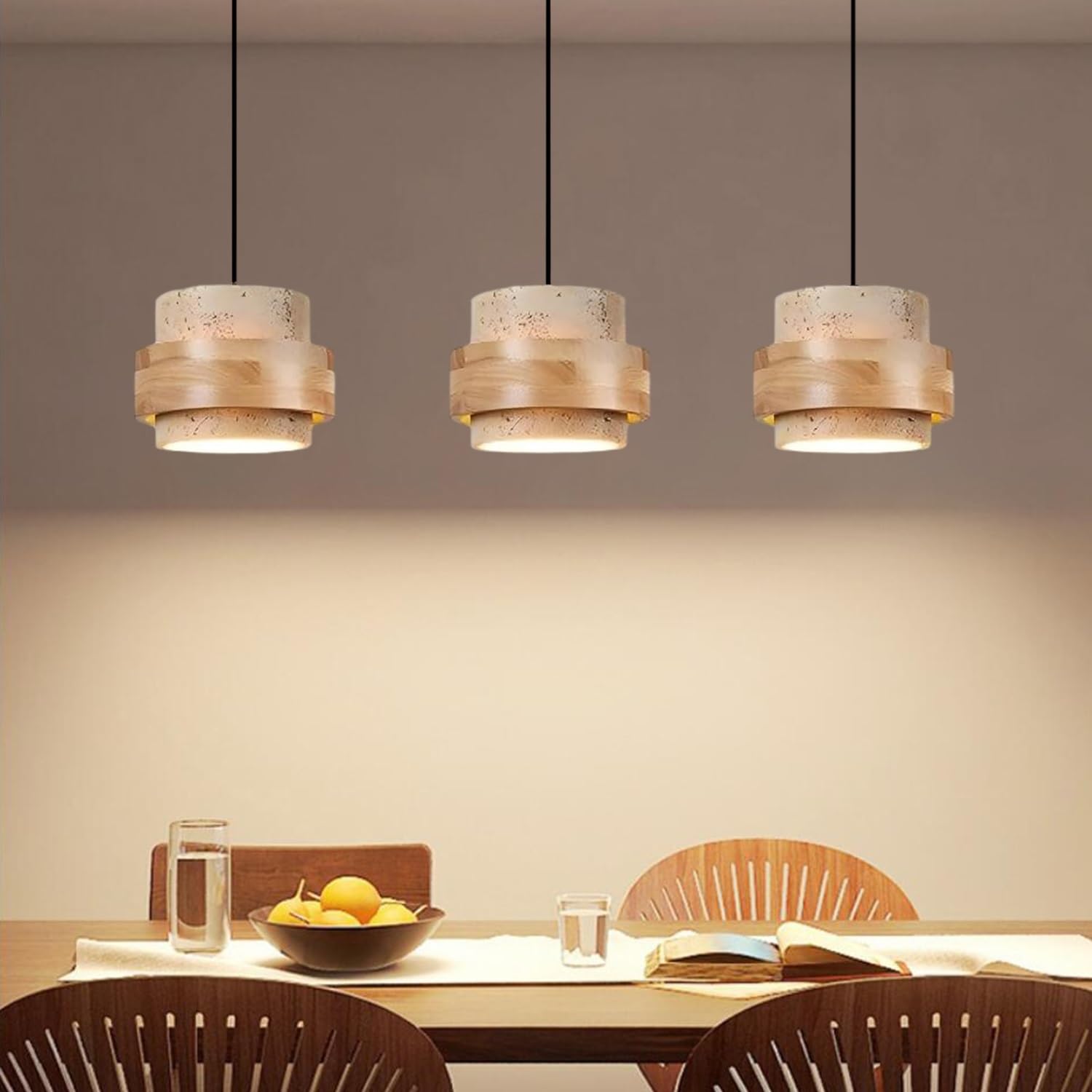 Lámpara Colgante De Travertino 3 Luces Lámpara Araña Cilíndrica De Piedra Natural Lámpara Wabi-Sabi Moderna Para Comedor Cocina Salón Dormitorio E27 Altura Ajustable Lámpara De Techo(Amarillo,B)