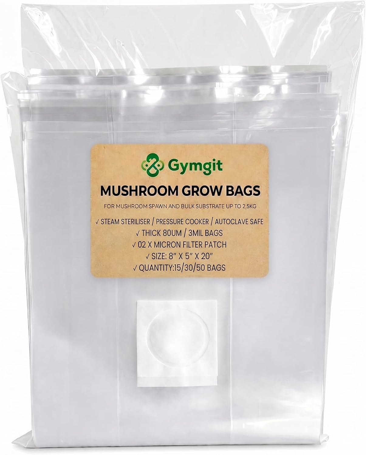 30Pcs Mushroom Grow Bags with 0.2 Micron Filter Patch, 3 Mil Polypropylene, Large Size 8" X 5" X 20" for Mushrooms and Bamboo Fungus Ganoderma Mushroom, Substrates Or Grains