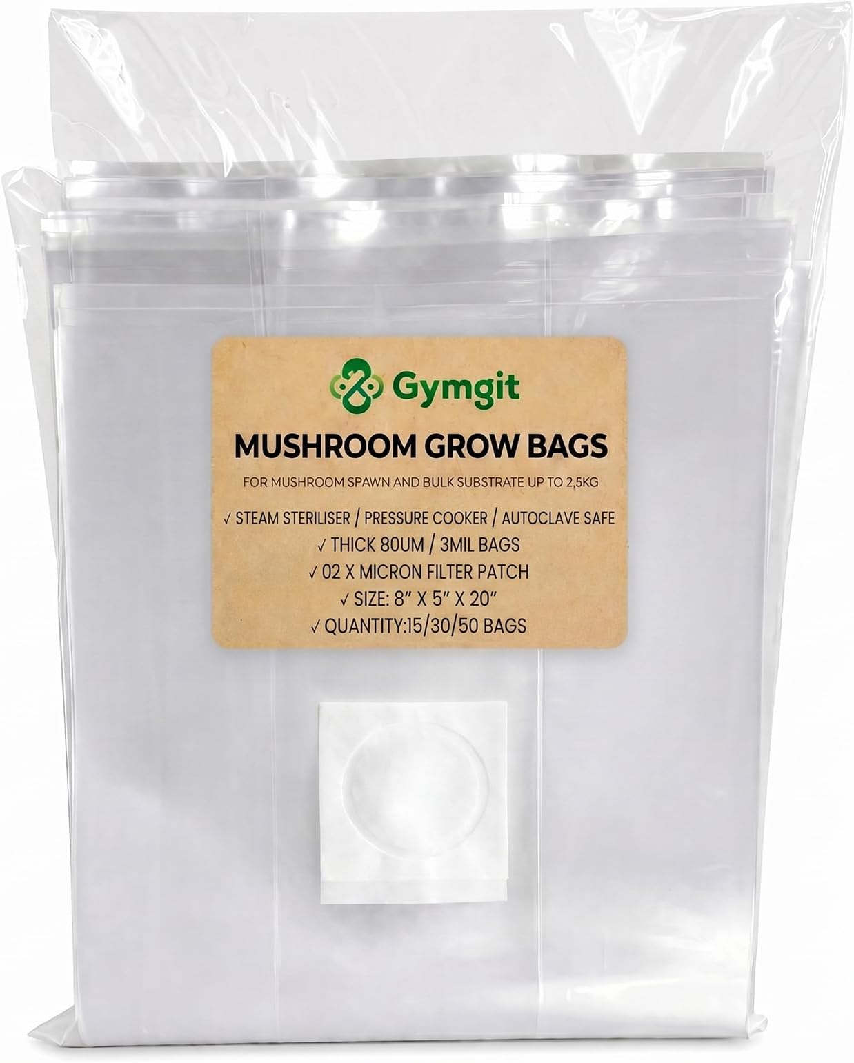 30Pcs Mushroom Grow Bags with 0.2 Micron Filter Patch, 3 Mil Polypropylene, Large Size 8" X 5" X 20" for Mushrooms and Bamboo Fungus Ganoderma Mushroom, Substrates Or Grains