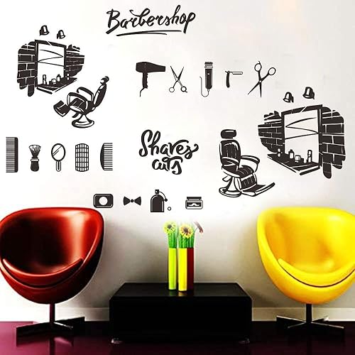 Miniatura 4 de Adhesivo de pared de barbería  Comparte un bonito espejo, silla, maquinilla de afeitar, tijeras, cepillos  PVC extraíble, efecto de 25 x 40 pulgadas