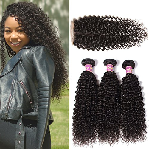 UNice Hair Brazilian Virgin Curly Hair 3 Bundles with Free Part Lace Closure, 100% Unprocessed Virgin Curly of Brazilian Human Hair Weave Extensions Natural Color (16 18 20+14 Free Part)