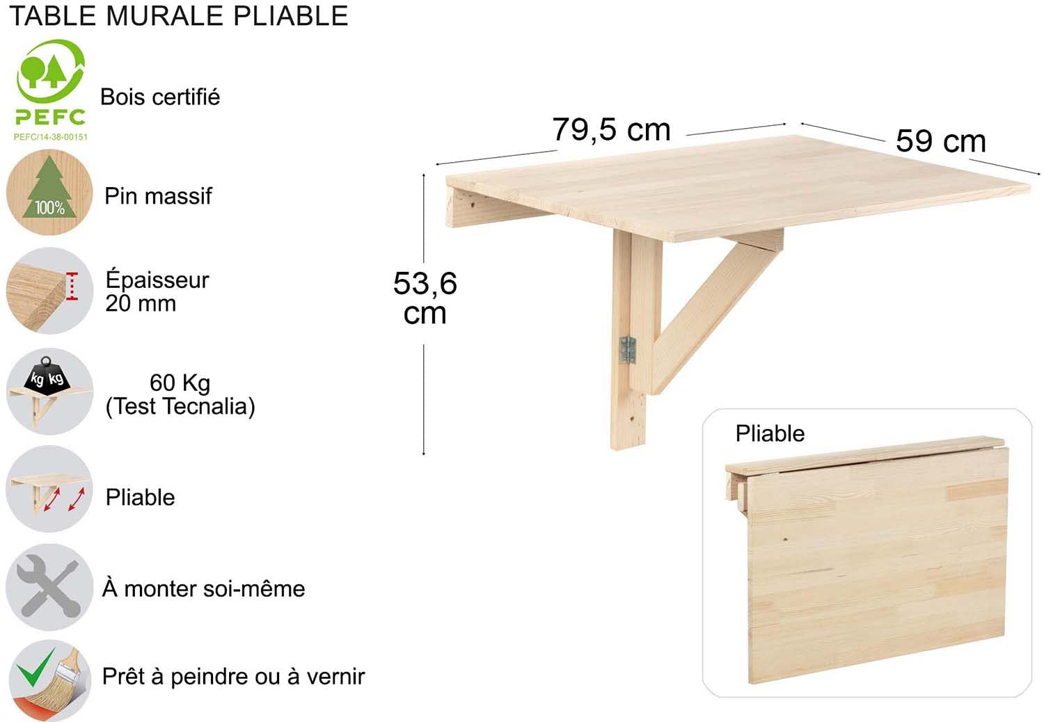 Astigarraga Mesa Plegable de Pared en Madera Maciza Pino, 79,5x59 cm