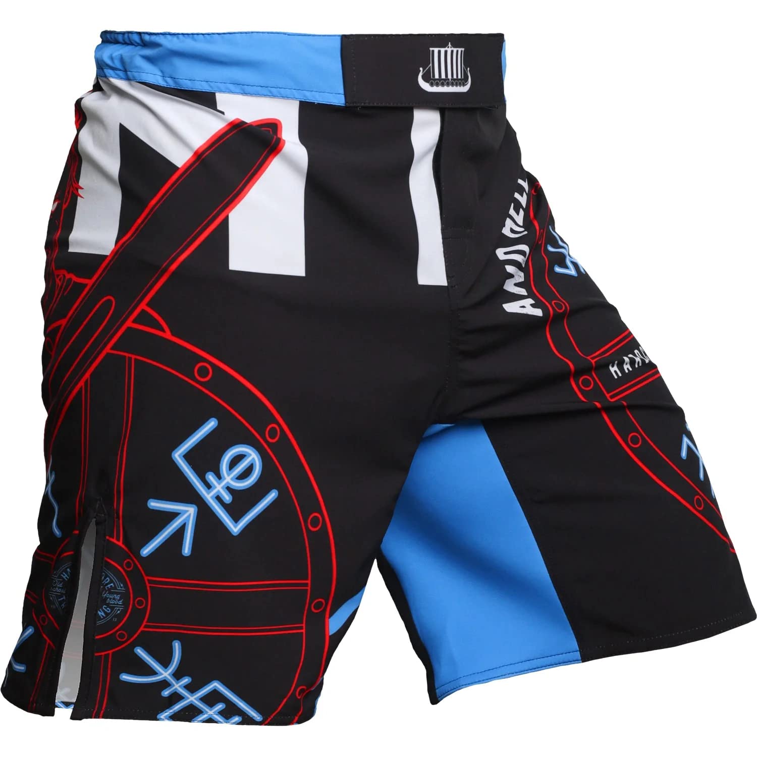 Hardcore Training Fight Shorts Boks Męski Szorty do Walki MMA Combat BJJ Grappling Fitness Muay Thai Kickboxing No Gi (DE/NL/SE/PL, Alfa, XXL, Regularny, Regularny, Czarny Niebieski)
