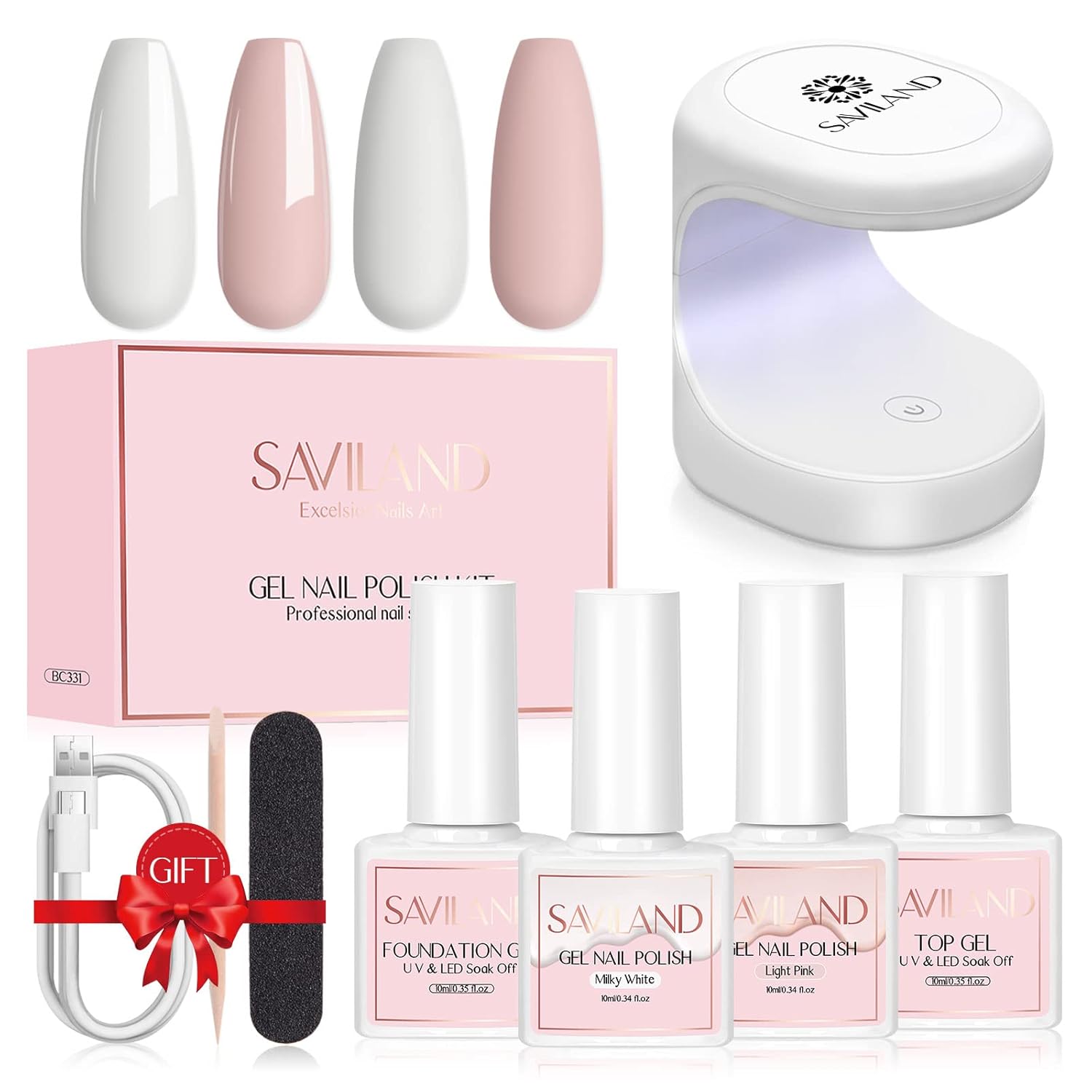 Saviland Gel Nail Polish Kit with U V Light 2023 2PCS 10ML Pink & White French Tip