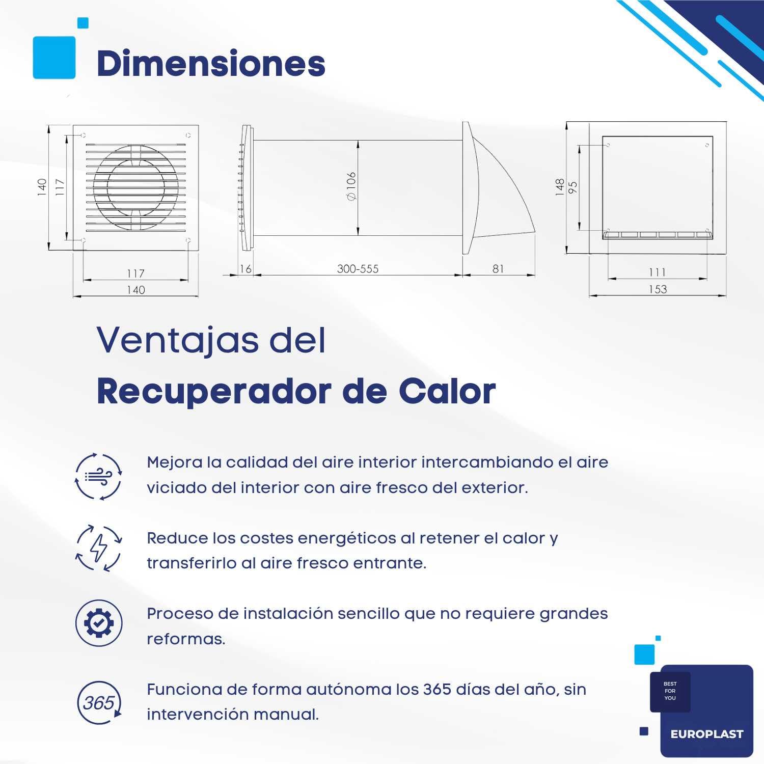 EUROPLAST Ø 100mm Recuperador de Calor con VMC Doble Flujo - Ventilación Forzada Extractor de Aire - Recuperador Calor Ventiladores Con Cable
