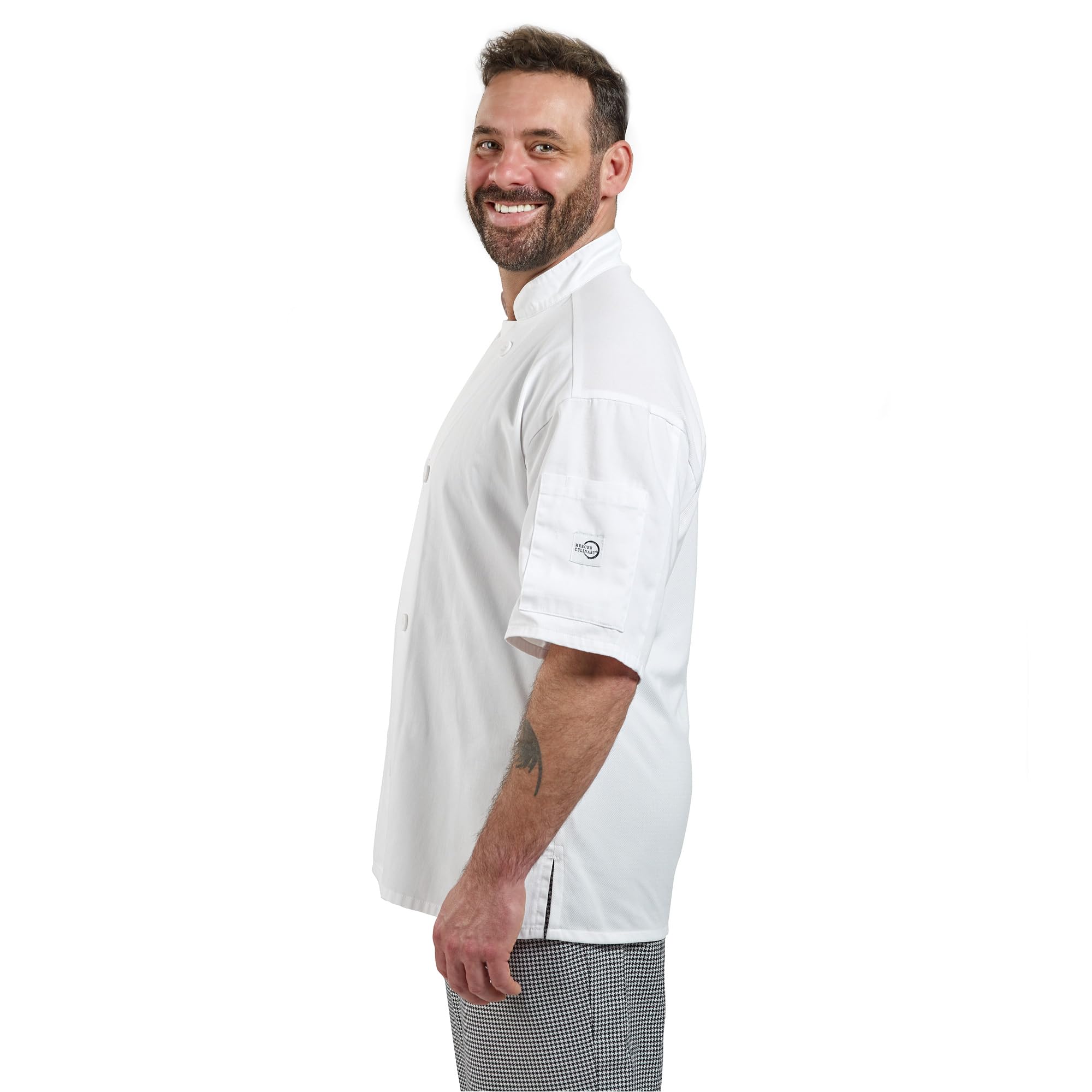 Mercer Culinary Millennia Air Herren-Kochjacke, kurzärmelig, mit Netzrücken, Größe L, Schwarz