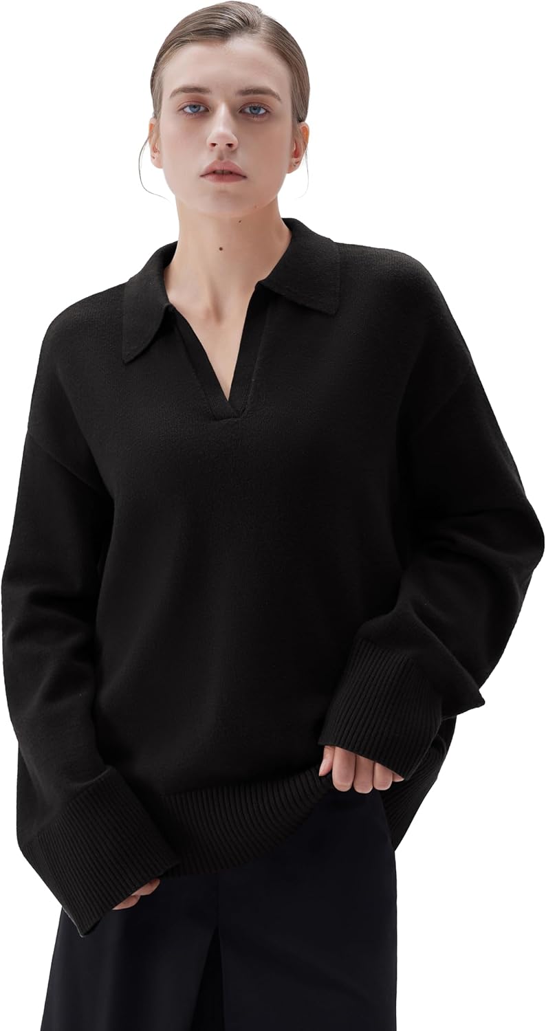 SUUKSESS Women Cashmere Oversized V Neck Pullover Sweaters Long Sleeve Collared Knit Jumper Tops - Image 2